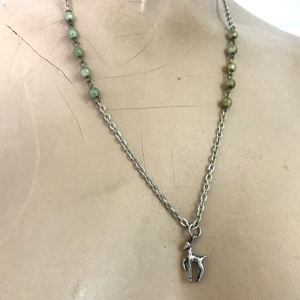Vintage deer fawn charm pendant necklace beaded chain
